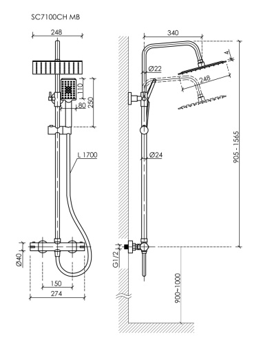 Душевая стойка Sancos Kanedo SC7100MB настенная цвет черный с термостатом - фото 2